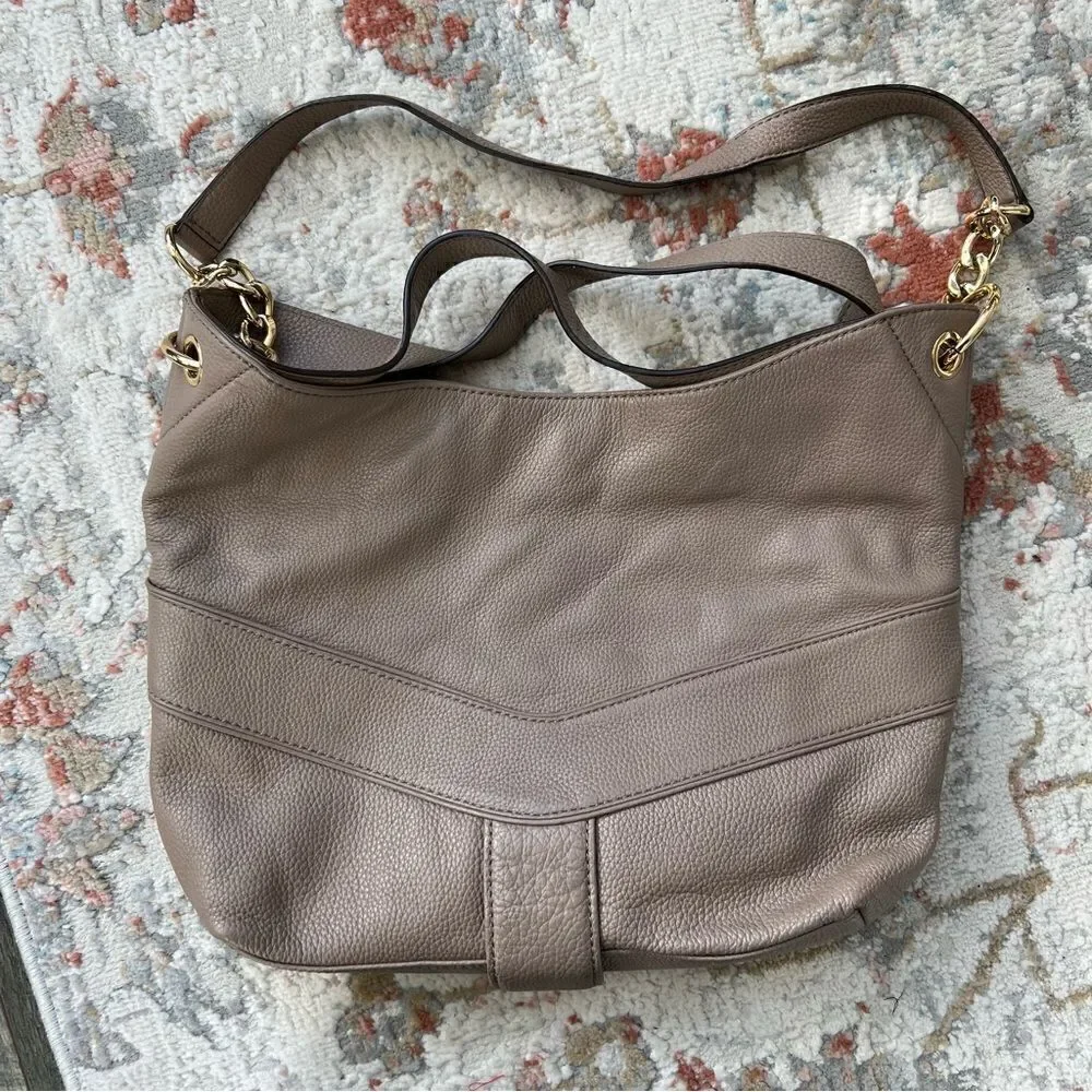 Michael Kors Jamesport Leather Hobo Large Shoulder Bag Taupe Tan Nude Gold